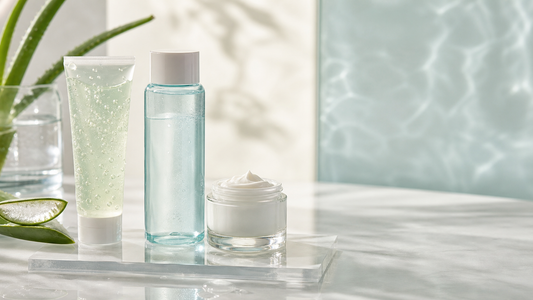 Calm skincare assortment with soothing gel, toner, and cream for barrier-first retail positioning