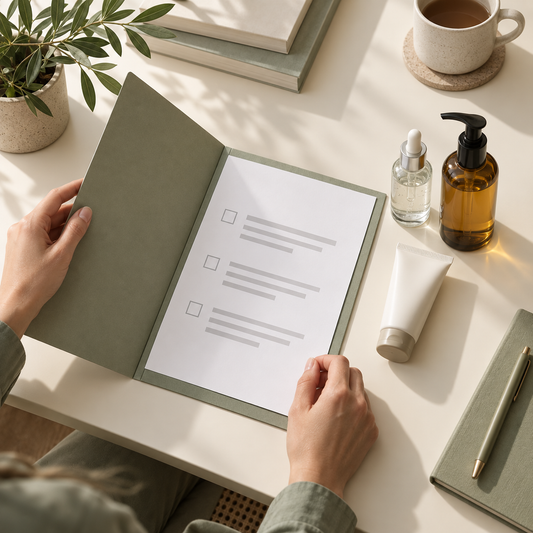 Skincare buyer reviewing a document checklist beside unbranded serum, cleansing oil and hand cream samples.