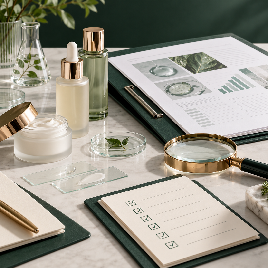 Skincare supplier document checklist and unlabeled cosmetic bottles