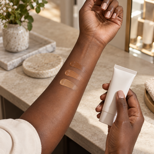 Illustrative tinted sunscreen shade swatches on a deeper skin tone