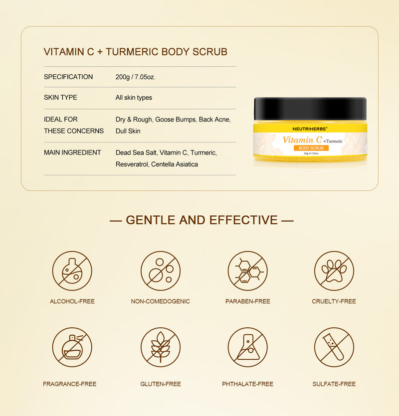 VITAMIN C & TURMERIC GLOW BODY SCRUB for uneven skin tone, rough skin, dry and tight and joint pigmentation