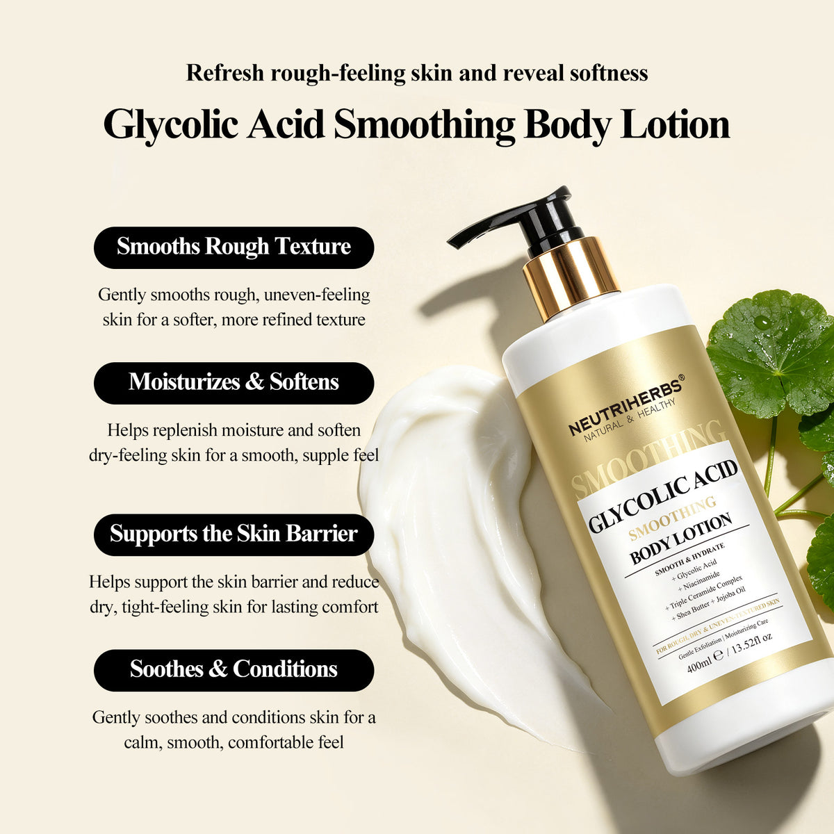 Private Label & Wholesale Glycolic Acid Smoothing Body Lotion for Rough Dry Skin
