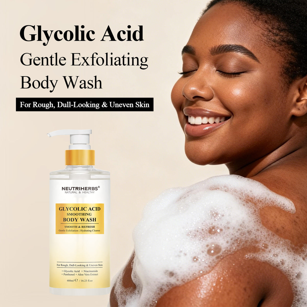 Private Label & Wholesale Glycolic Acid Smoothing Body Wash for Rough & Uneven Skin