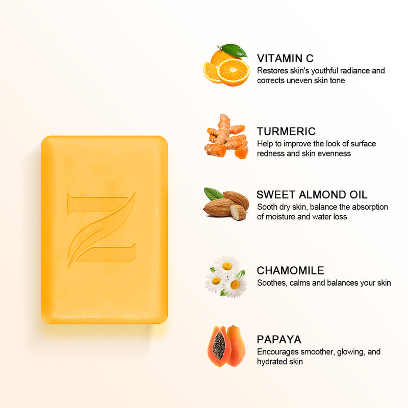 VITAMIN C & TURMERIC BRIGHTENING SOAP is rich in vitamin c, turmetic, sweet almond oil, papaya