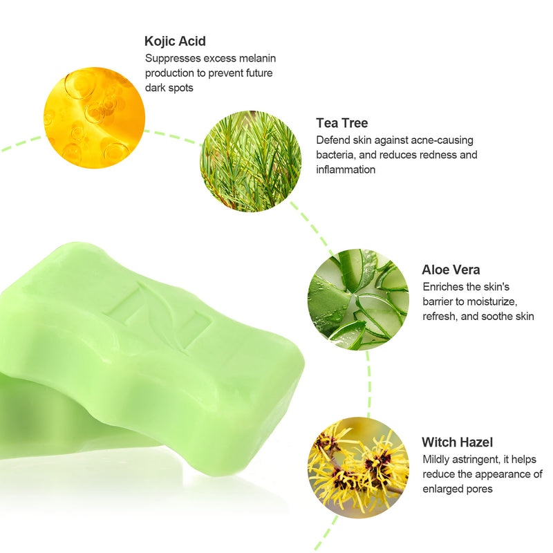 Kojic acid+tea tree+aloe vera+witch hazel is the main ingredient for ojic acid +tea tree soap